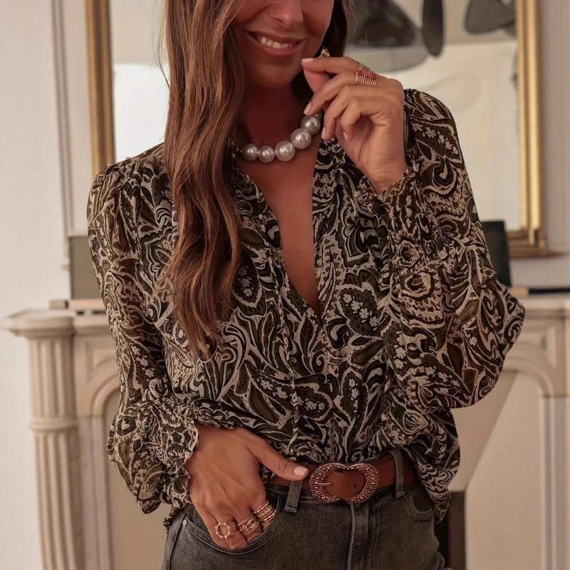 Women Retro Printed Long Sleeve Smocked Loose Blouse