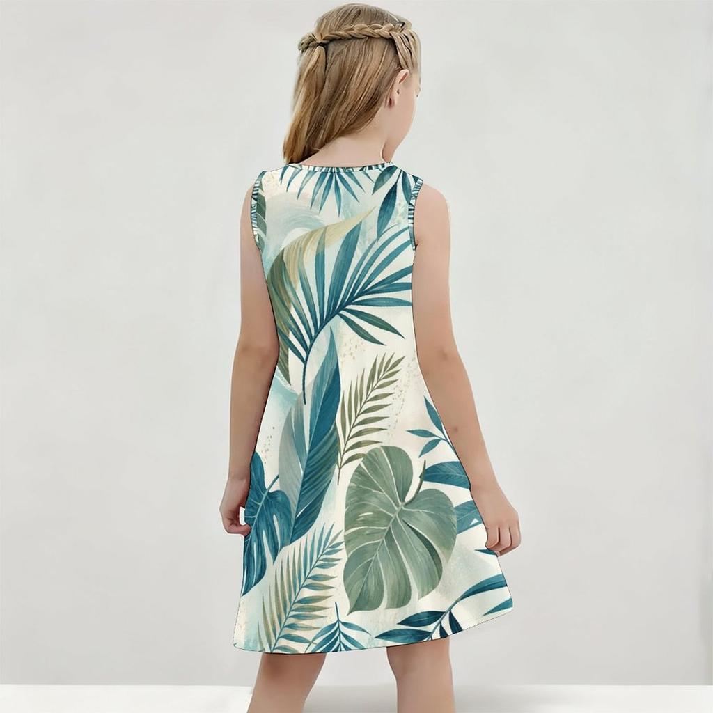 Girls Round Neck Sleeveless Tropical Leaf Printed A Line Flared Dress