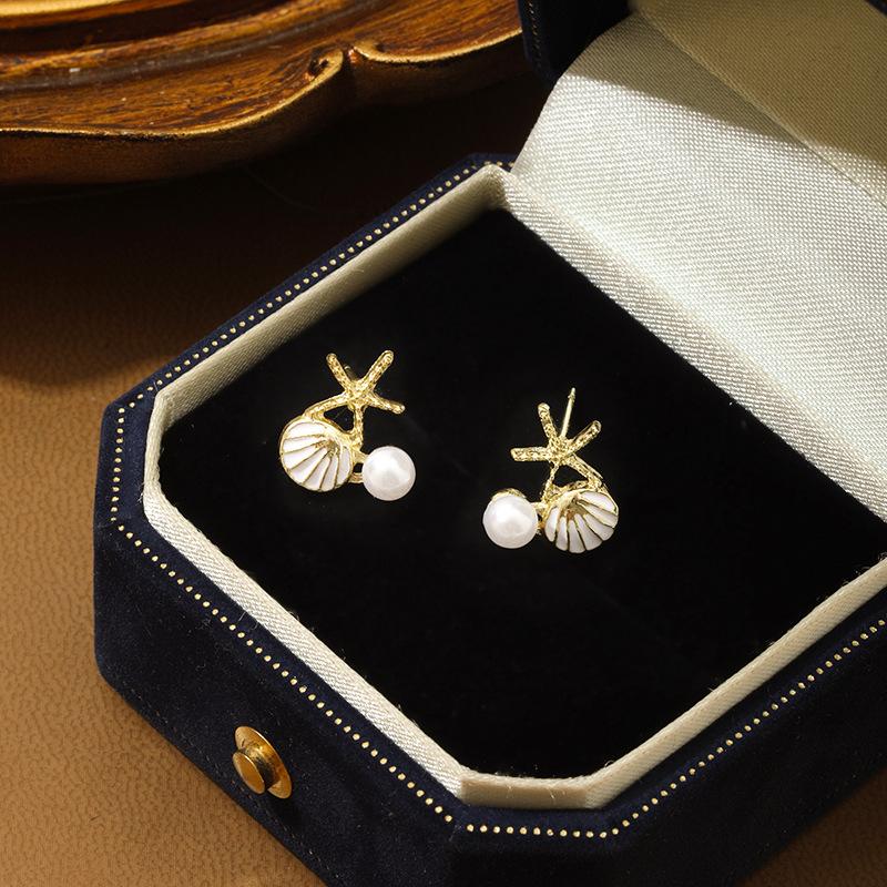 Ocean Elements Resort Wind Small Dripping Oil Scallop Starfish Imitation Pearl Diamond Stud Earrings Women s