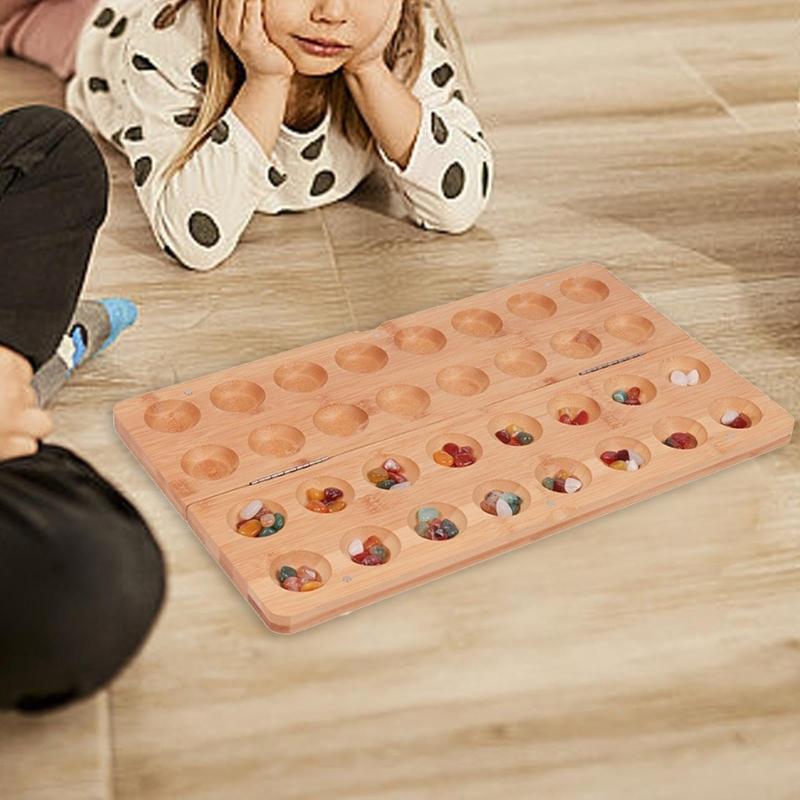 Mancala Normal Strategy Board Game Foldable Wooden Set With 65 Rockss Portable For Family