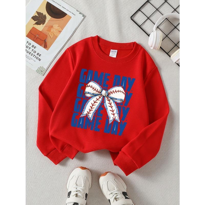 European sizes Kids' Casual Sweatshirt Printed Round Neck Pullover, Game Day Baseball Bow Cheer, Casual Comfortable