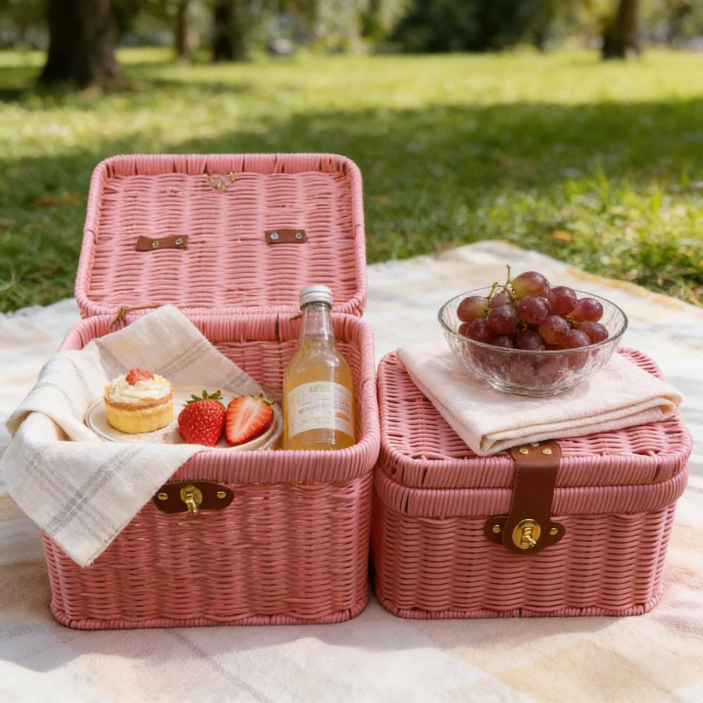 Geflochtener Rattan-Aufbewahrungskorb Vintage-Imitation Rattan-Organizer-Box für Picknick-Snacks Boho-Wohnkultur Hochzeitsgeschenke Geburtstagsgeschenk