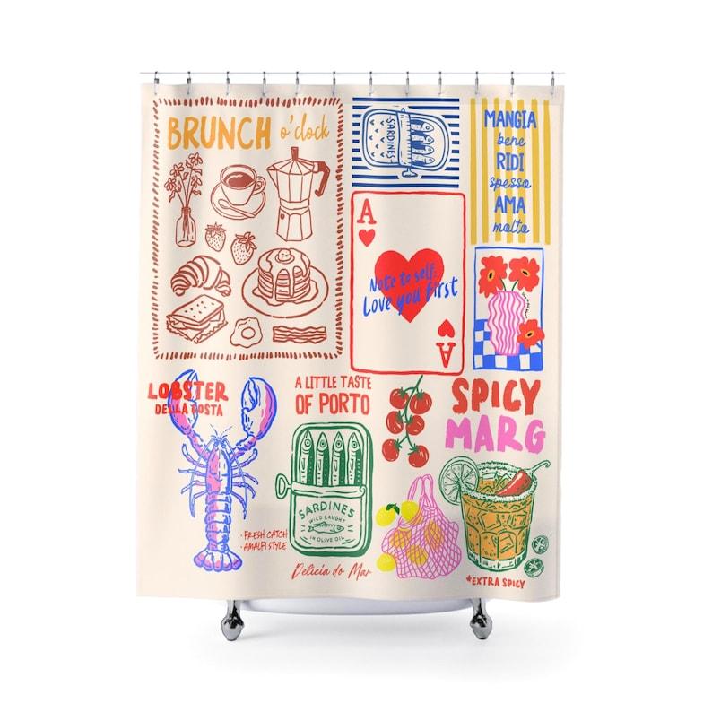 Hand Drawn Doodle Brunch Shower Curtain With Coffee Pastry Lobster Pattern, Unique Bathroom Decor For Housewarming Gift