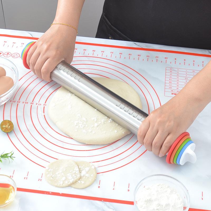Adjustable Rolling Pin Removable Ring Dough Mat Dough Roller Stainless SteelSilicone Kneading Mat Non-Stick Silicone