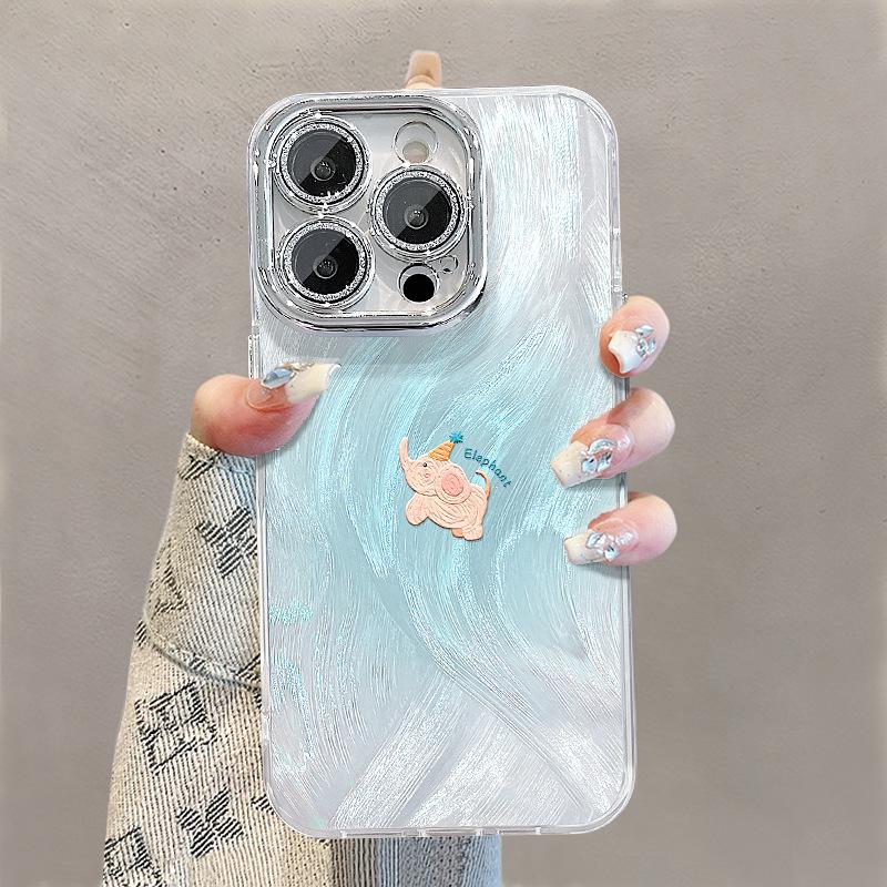 Ins Oil Painting Elephant Suitable for Apple 16 Mobile Phone Case 15promax Feather Yarn 14 Cute 13 High-end Sense 11 Couple 8
