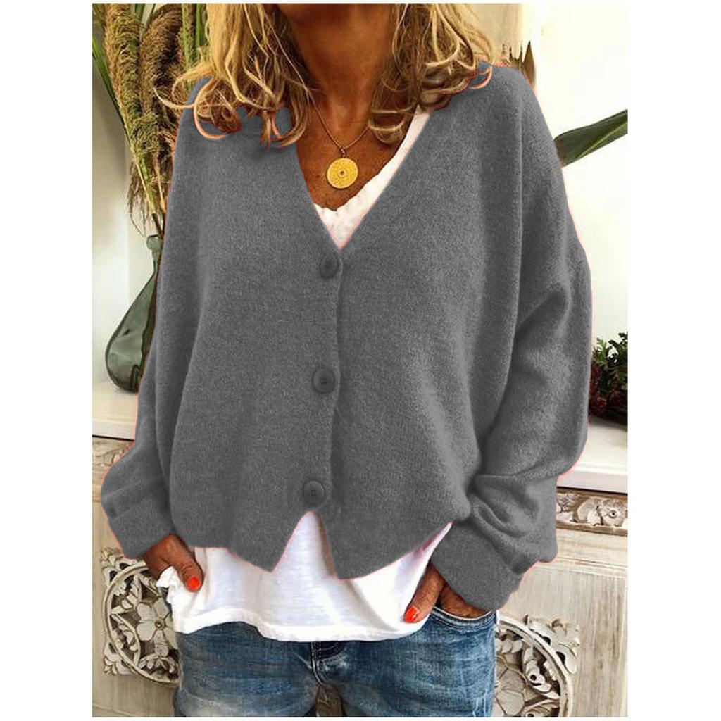 Women's Spring and Autumn Loose Knit Cardigan Solid Color V-neck Long-sleeved Single-breasted Loose Knit Sweater Coat