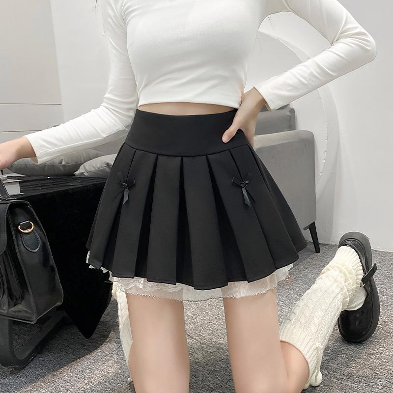 

Плиссированная юбка с бантом, однотонная, кружевная, А-силуэта, летняя, в студенческом стиле, с высокой талией, не просвечивающая S