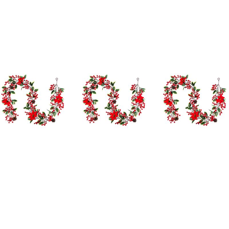 Good-3X 6.3FT Red Berry Christmas Garland, Artificial Poinsettia Garland,Christmas Berry Garland With Pine Cones