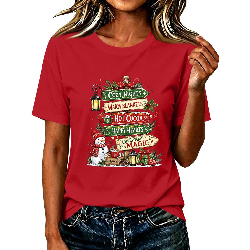 T-shirt da donna a maniche corte con stampa natalizia, top casual per le feste