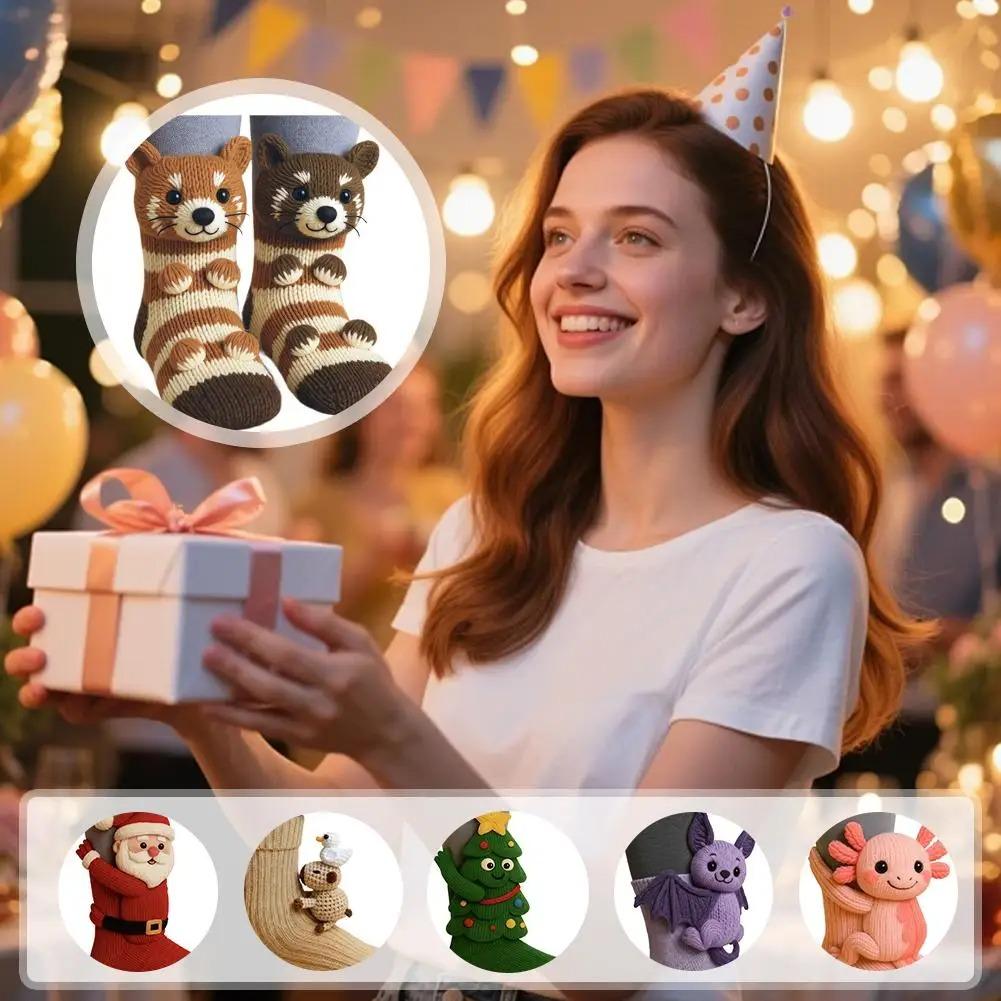 3D Pletené Zvířecí Ponožky Roztomilé Podlahové Ponožky Ručně Háčkované Dvojvrstvé Teplé Ponožky s Roztomilými Zvířátky Králíkem a Pandou Vánoční Dárky