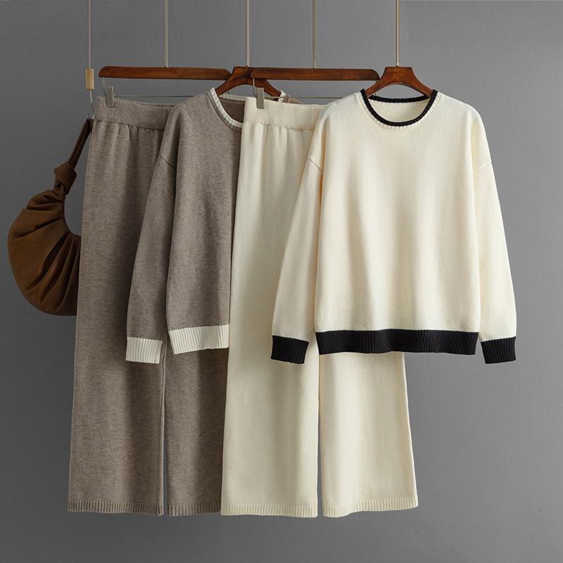 GMXIA Autumn and Winter Style Contrasting Color Round-neck Knitted Sweater Slimming Wide-leg Pants Two-piece Set for Women