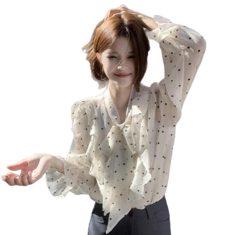 New French High-end Ruffled Polka-dot Shirt for Women Spring and Autumn Design Loose and Chic Top with Straps