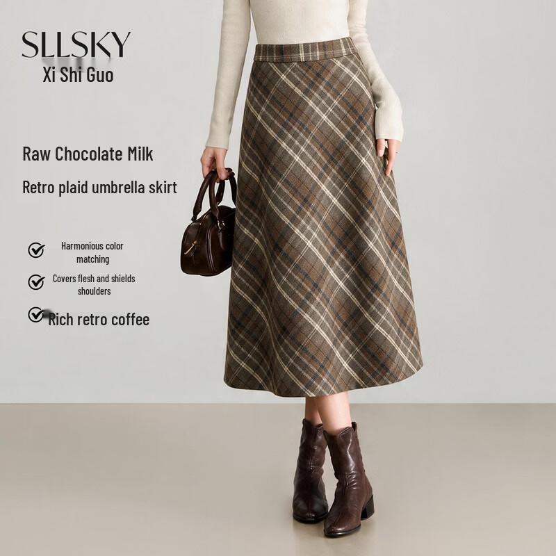 Sllsky Retro Plaid A-Line Tweed Mini Skirt