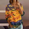 Women's Casual V Neck Button Front Three Quarter Sleeve T Shirt Halloween Print Lightweight Blouse for Everyday Wear and Seasonal Outfits