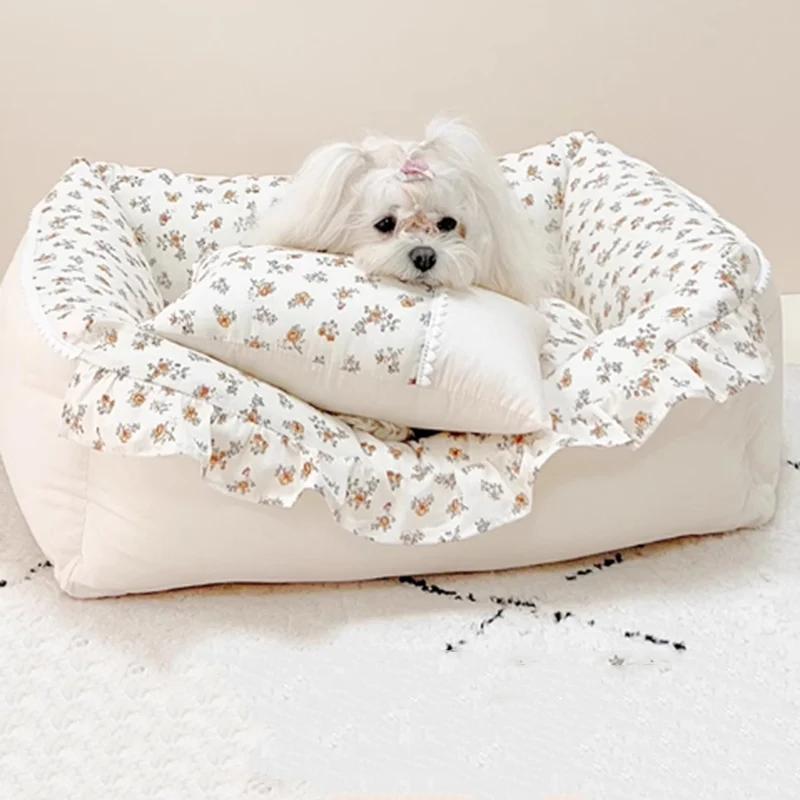 

Pet House Bed Cats Small Dog Sofa Cat Nest Rural Style Pure Cotton with Lotus Leaf Edges Detachable and Washable Pet Supplies S