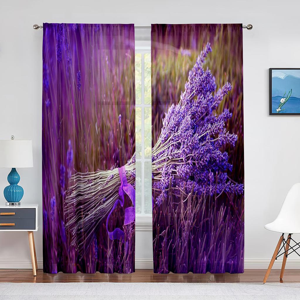 Rustic Lilac Flower Purple Lavender Floral Sheer Curtains for Living Room Bedroom Kitchen Tulle Voile Curtains Windows Drapes