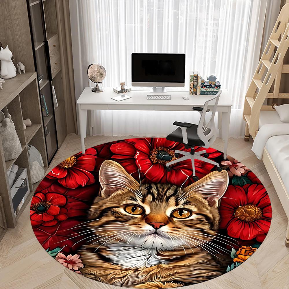 1pc Cat Portrait Chair Carpet for Office, Round Non-Slip Durable Large Size Office Carpet, Suitable for Office, Beautiful Decoration