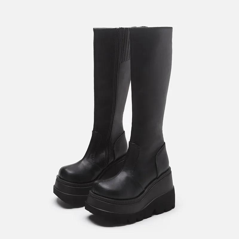 Fashion Large Size Women's Long Boots, New Thick Soled Sloping Heel Knight Boots, European and American Fashionable Slim High Boots
