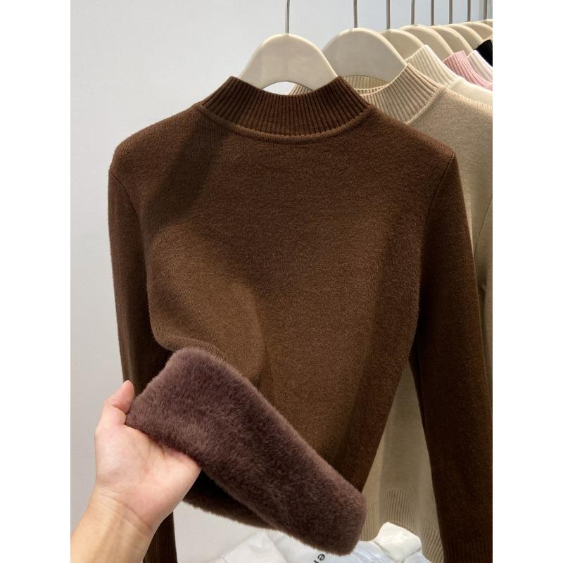 One-piece Fleece Turtleneck Knitted Sweater Women's Winter Solid Color Fleece Thickened Primer Sweater Soft Waxy Basic Inner Top