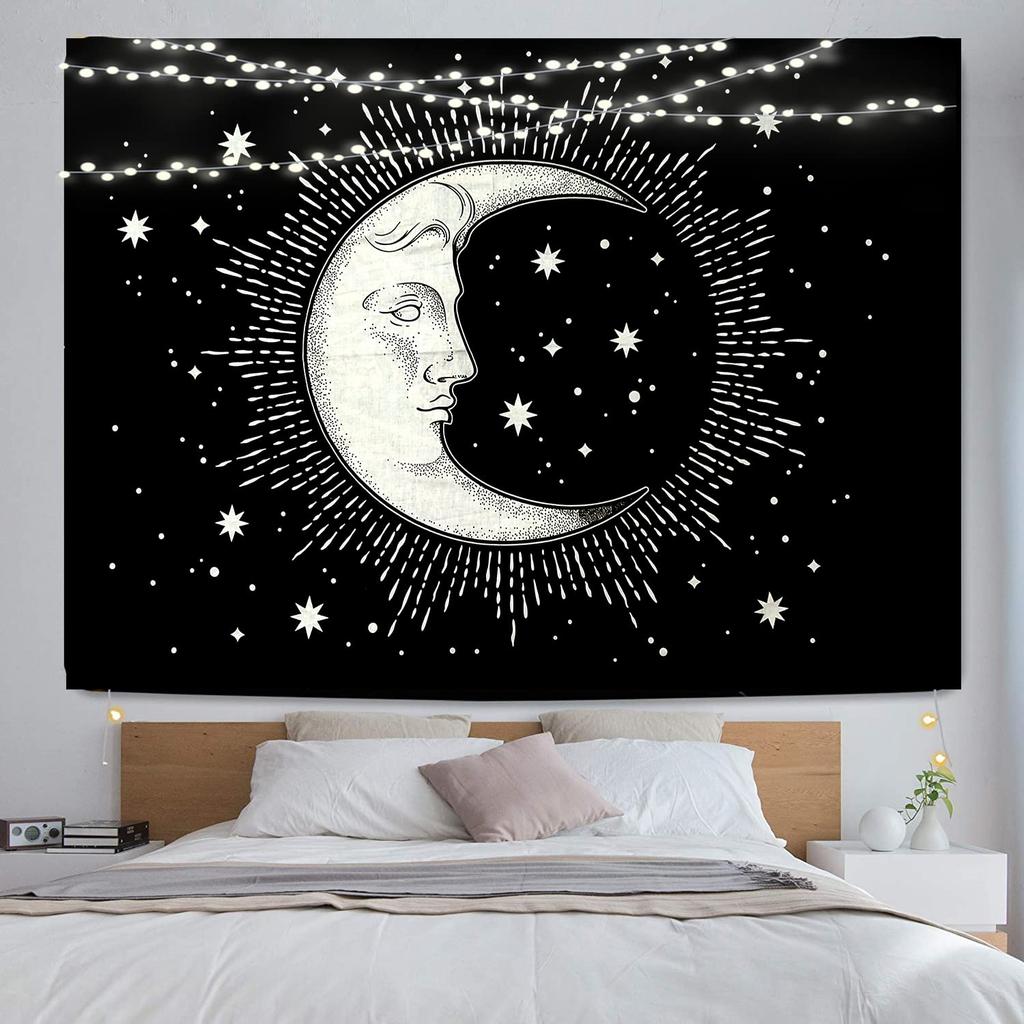 Celestial Moon Tapestry, Black Background with White Crescent Moon Face & Stars Print, Wall Hanging for Boho Bedroom Decor