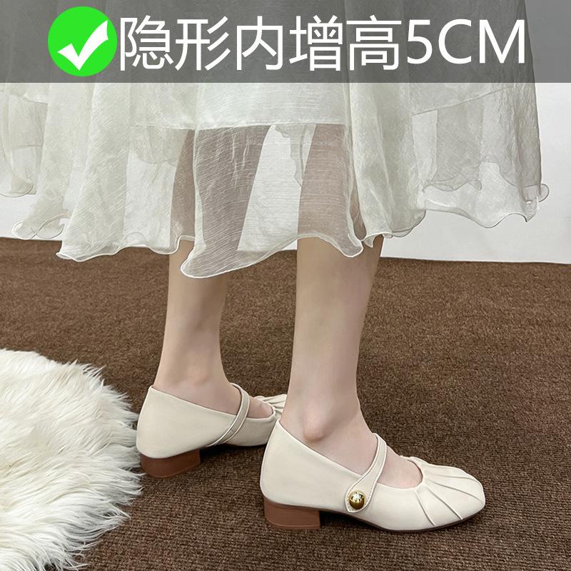 Square head low-heeled small leather shoes, new Mary Jane single shoes, women's outer wear, small inner height increase of 6cm, grandma shoes