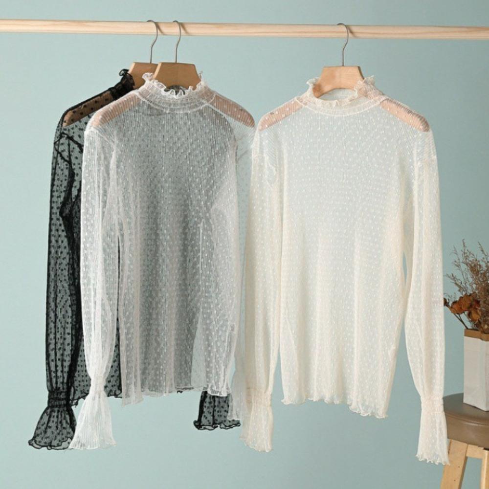 Women T-Shirt See Through Transparent Mesh Tops Long Sleeve Sheer Slim Ladies Turtleneck Silk Ruffled Edge T Shirt Lace Crop Top
