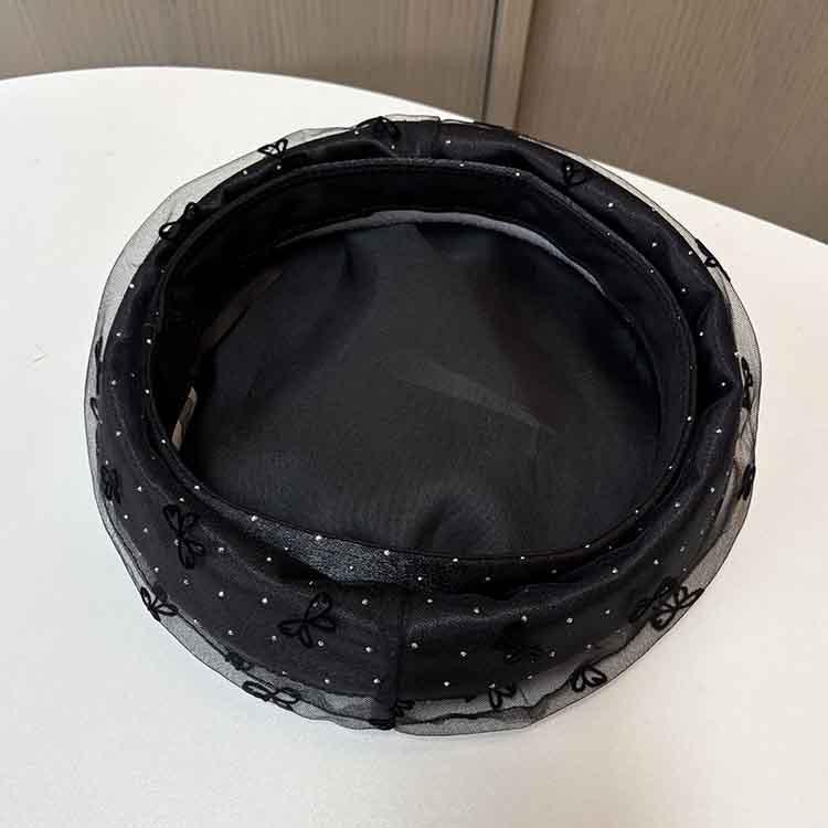 Mesh Rhinestone Light Luxury Beret Women'S Summer Breathable Octagonal Hat Embroidery Bow Painter Hat