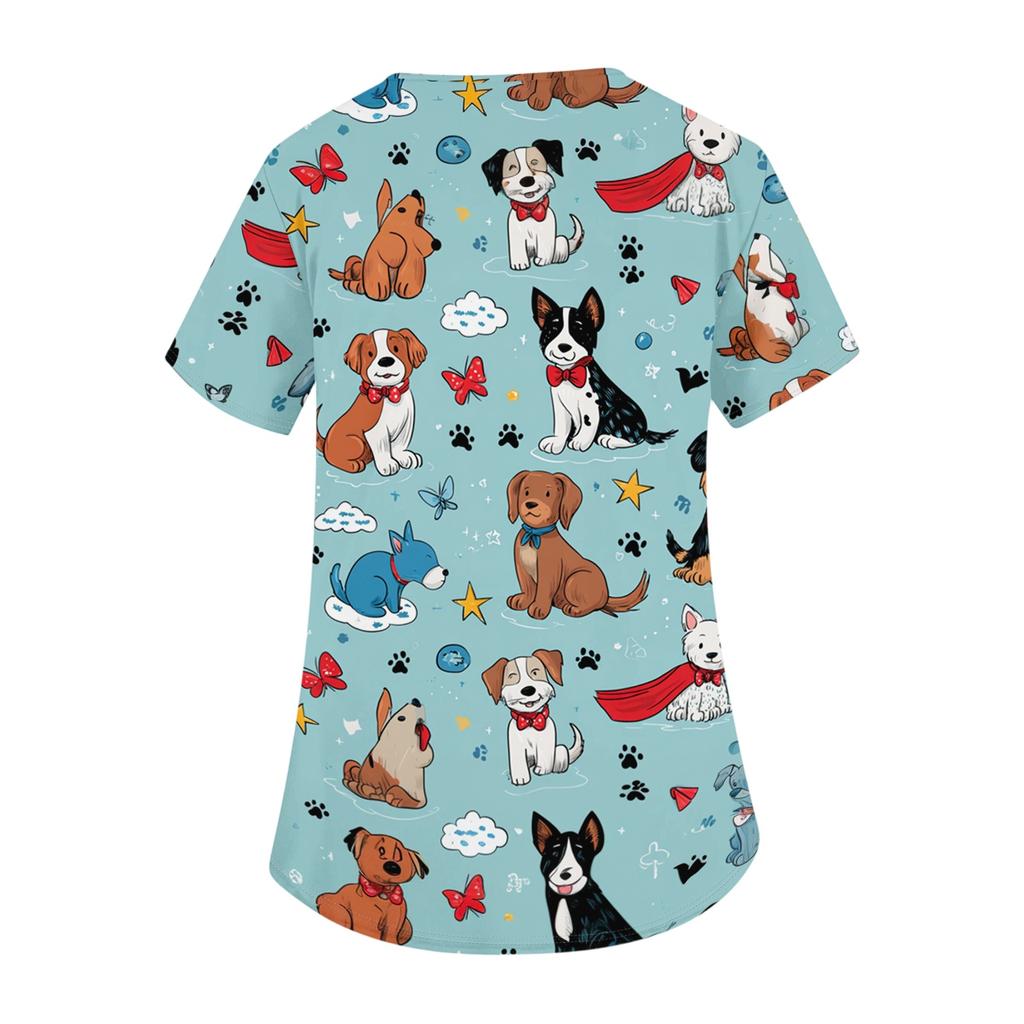 Top da Lavoro da Donna con Scollo a V, Manica Corta, Spacchi Laterali e Tasche, Stampa Animalier, Camice Medico, Vestibilità Comoda