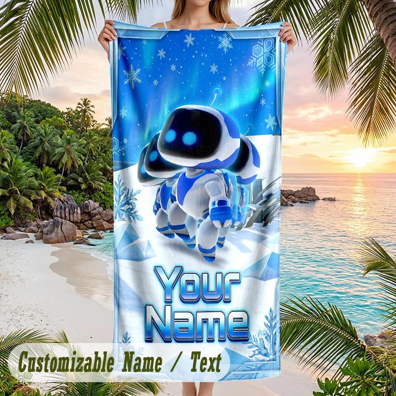 Astro Bot Beach Towel, Personalized Custom Text, Quick Dry Soft Large Towel For Swimming Pool Travel