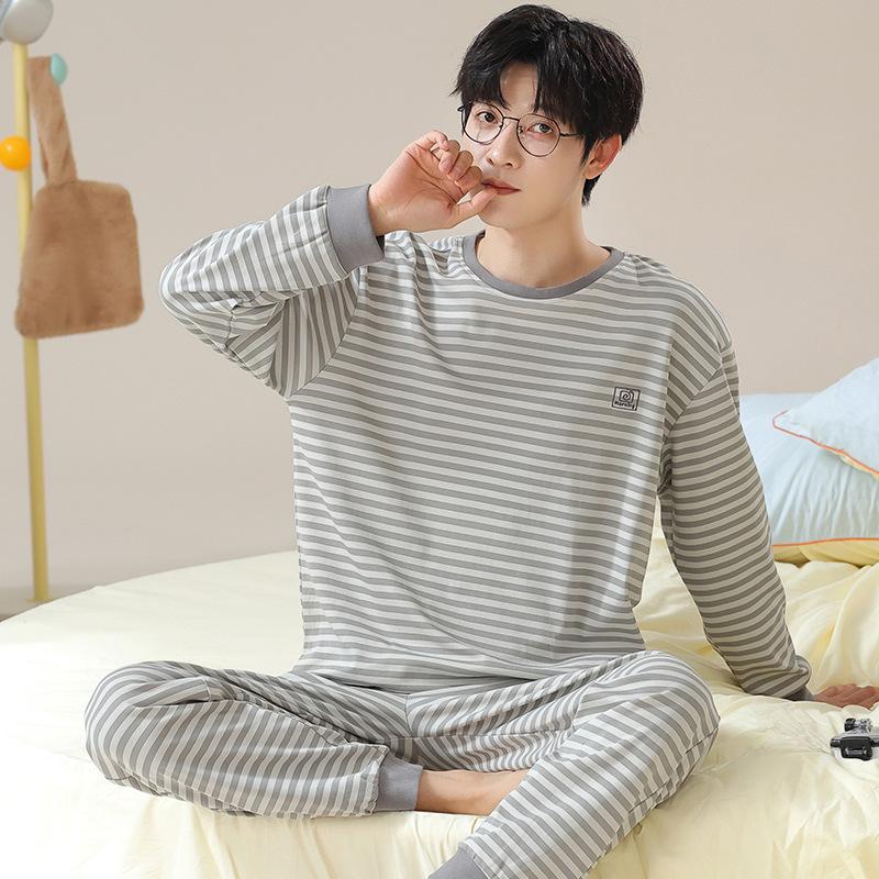 Striped Cotton Men's Long Pajamas Set Spring and Autumn Home Clothes Sleeping Top & Trouser Nightwear Young Boy Pyjamas Hombre