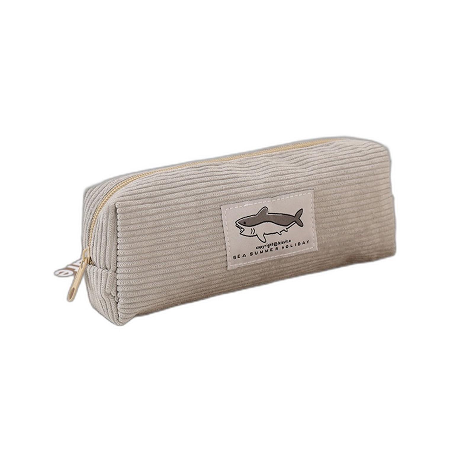 

Shark Embroidery Pencil Case for Students Large Capacity Stationery Organizer with Cute Shark Design Waterproof Durable Fabric светло-серый