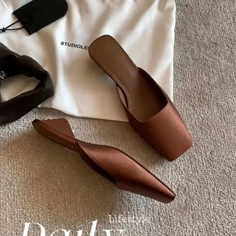 Fashion Luxury Satin Design Mules Shoes for Women Summer Sexy Square Head Strange Low Heel Slide Sandals Elegant Comfort Dress Slippers