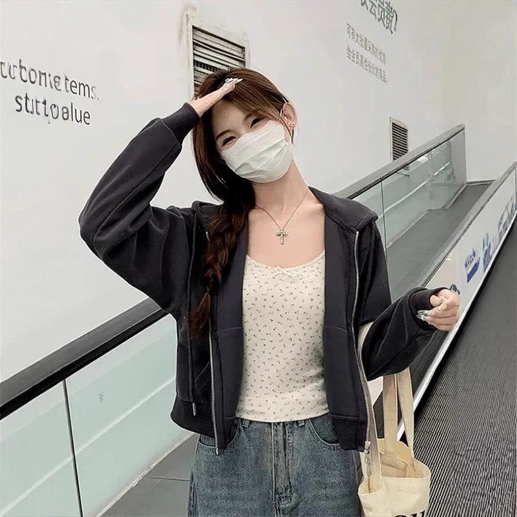 Women's Cropped Zip Up Hoodie Long Sleeve Solid Color Loose Fit Casual Korean Style Short Jacket