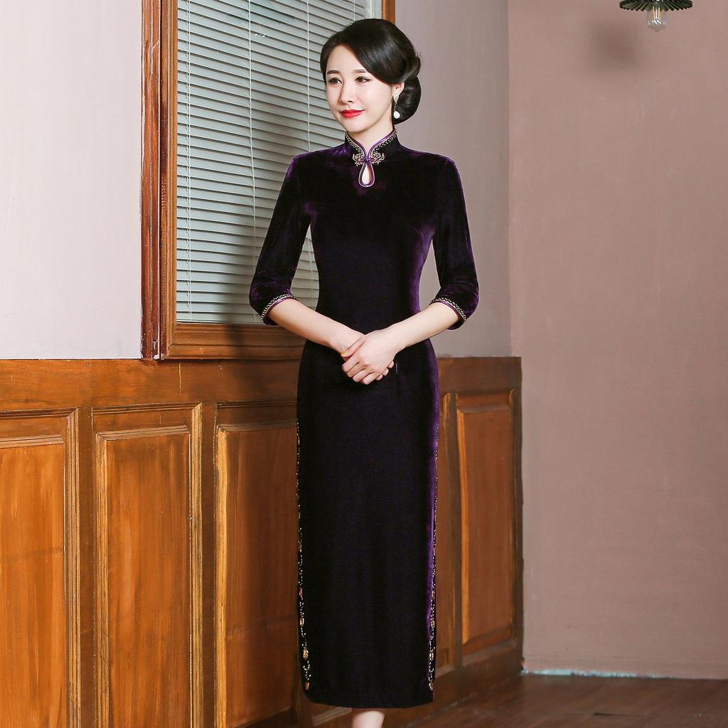 Brand Velvet Plus Size Cheongsam Evening Dress for Middle-Aged Women - Wedding & Banquet