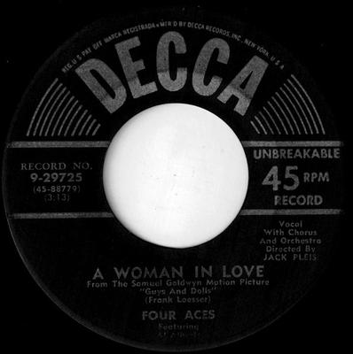 Disque 7 pouces FOUR ACES, AL ALBERTS - A Woman In Love / Of This I'm Sure 929725 Decca 1955 US Jazz Occasion