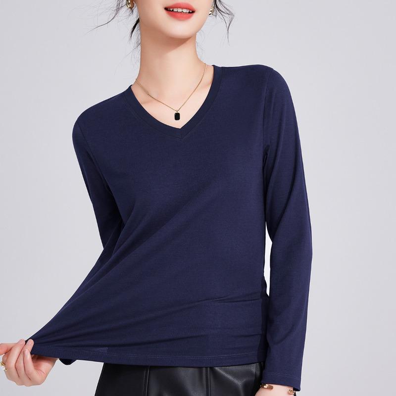 Tencel Autumn New Long-sleeved Navy Blue Thin T-shirt Top Women's Light and Thin
