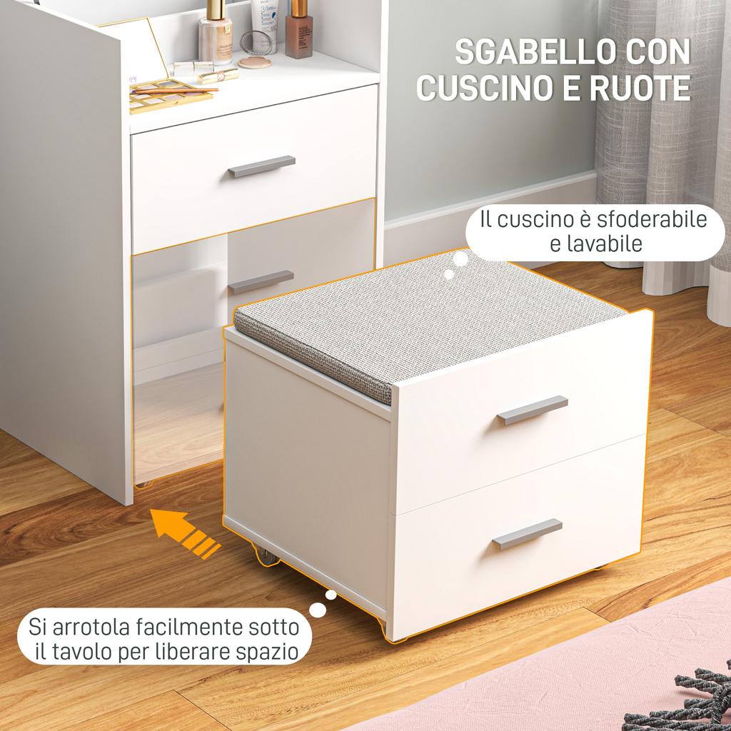 Toeletta da Trucco in Legno con Specchio Ribaltabile, 2 Cassetti e Sgabello, 50x40x113,5 cm, Bianco