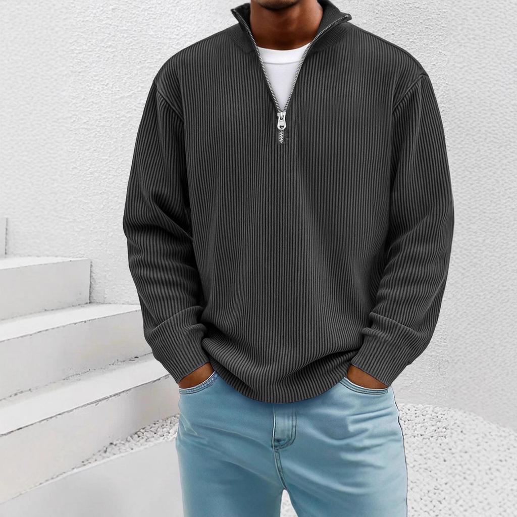 Men's 2025 European Autumn Corduroy Pullover Hoodie with Stand Collar and Zipper, Long Sleeve.