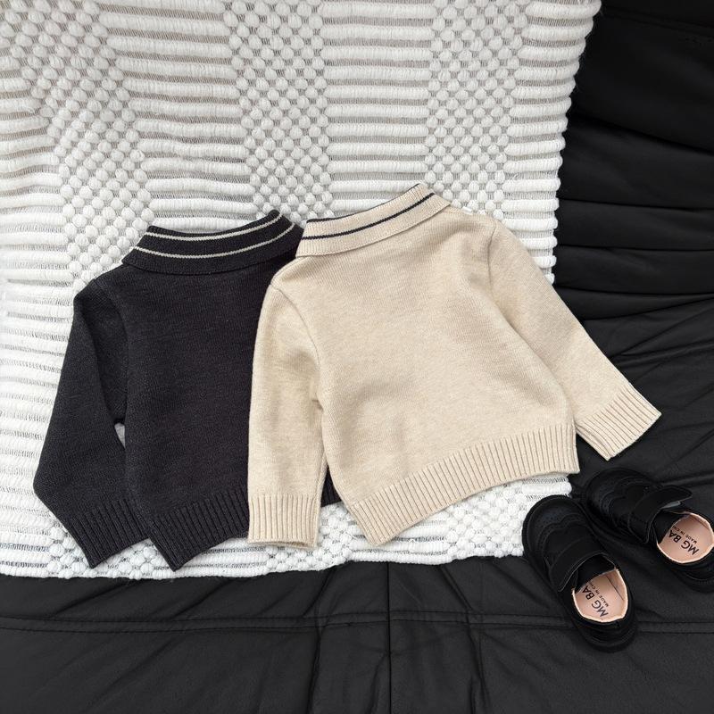 Children'S Clothing Baby Temperament Polo Neck Knitted Sweater Autumn Clothing Baby Striped Lapel Neck Soft Waxy Pullover Sweater Inside
