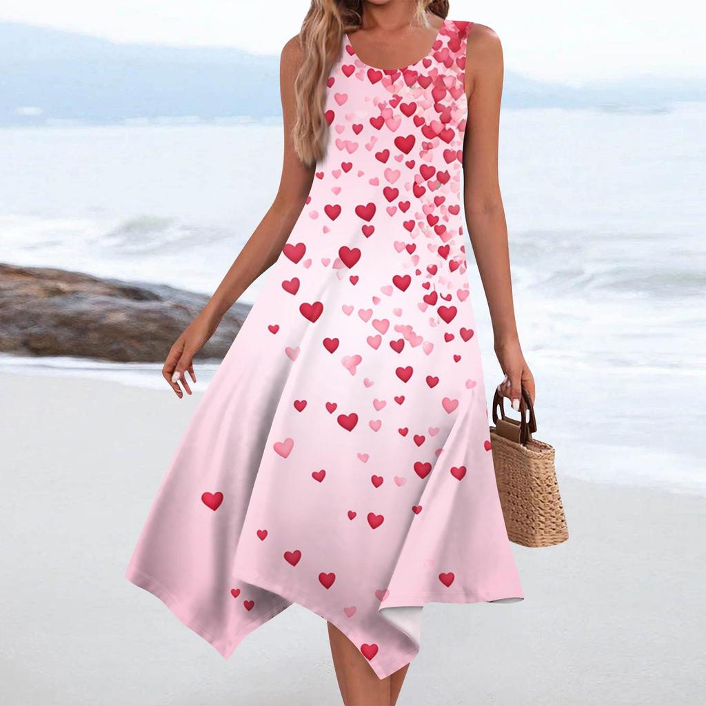 Women's Casual Fashion Round Neck Sleeveless Print Irregular Hem Midi Dress