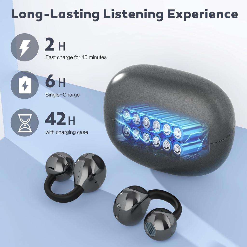Open Ear Earbuds Air Conduction Headphones Wireless Earphones Bluetooth 5.4, Clip on Headphones with Mic 42H Playtime Over Ear Headsets Comfortable