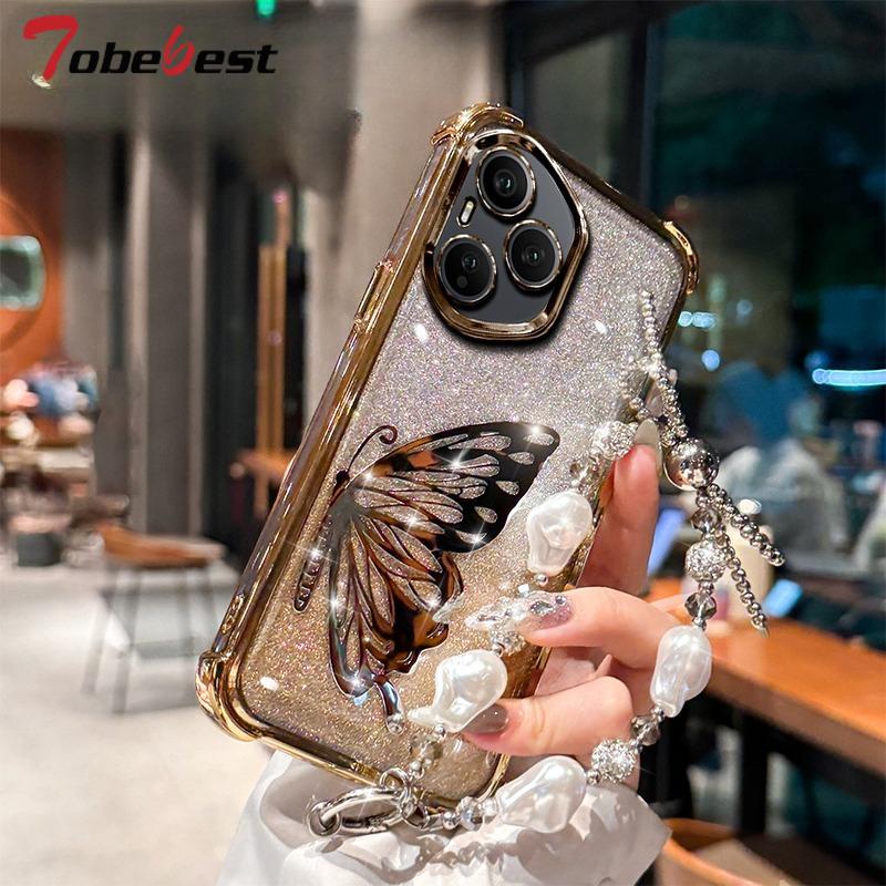 Custodia Braccialetto Glitterata Placcata Antiurto Farfalla Laser Per Huawei Honor 400 300 Ultra 200 100 90 Lite 80 70 60 Pro Cover