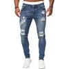 Men Jeans Ripped Washed Solid Color Button Zip Fly Streetwear Hip Hop Skinny Denim Pants Trousers for Outdoor