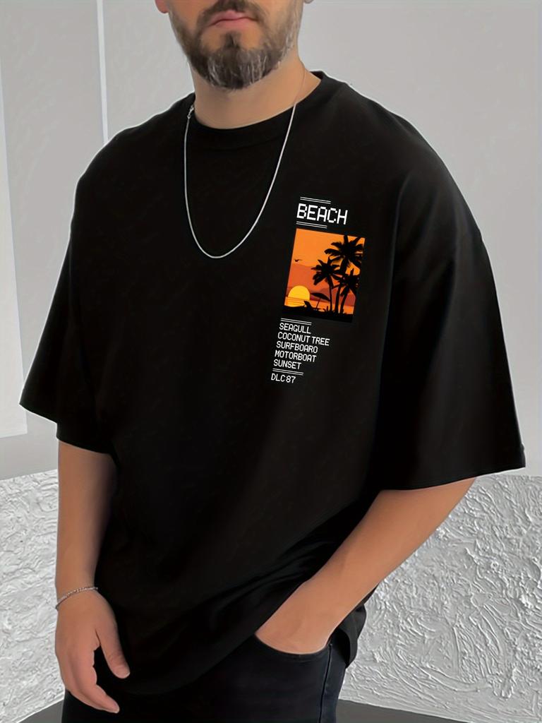 Mens casual round neck sunset coconut tree print short sleeved Tshirt