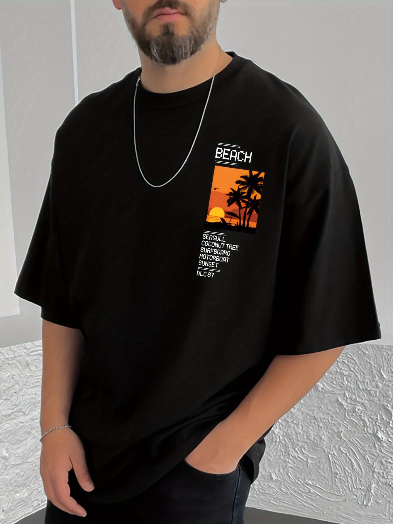 Mens casual round neck sunset coconut tree print short sleeved Tshirt S