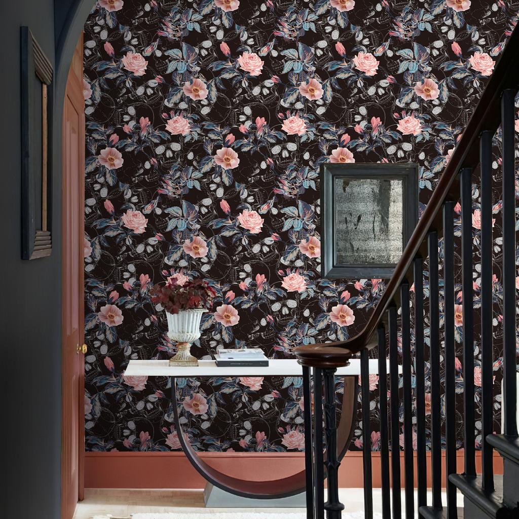 Retro Halloween Schädel Rose Wandverkleidung Wasserabweisend Abziehbar und Aufklebbar Festival Wandkontaktpapier Schick Rosa Blume Schrankaufkleber