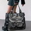 Women's Y2K Punk Distressed Tote Large Capacity Washed Vegan Leather Shoulder Bag