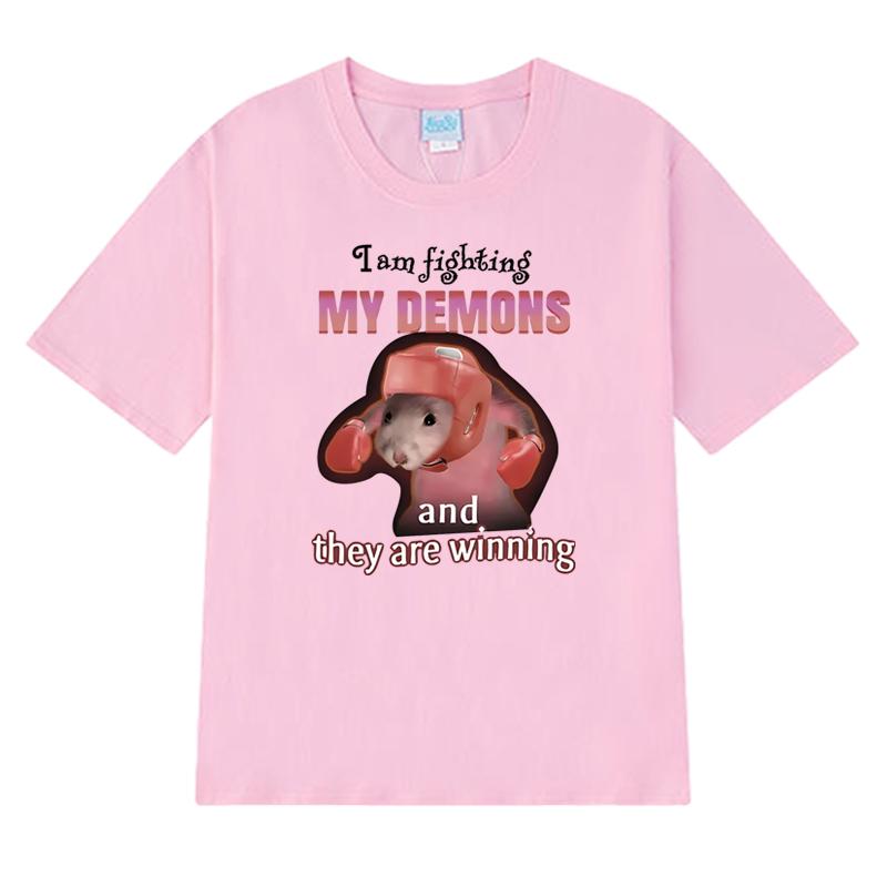 2025 Funny I Am Fighting My Demons and The Are Winning Rat Meme T shirt Unisex Casual short sleeve T-shirts Men Women Cotton Top