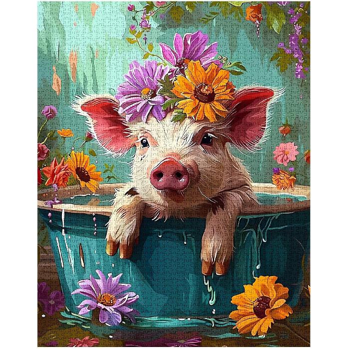 Adorable Pig in Bathtub Jigsaw Puzzle 1000 Pieces Puzzles for Adults, Farmhouse Animal Flowers Jigsaw Puzzles for Challenging Family Activity Games