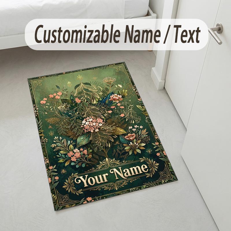 Floral Garden Theme Crystal Velvet Rug Personalized Custom Name Text Soft Floor Mat Home Decor